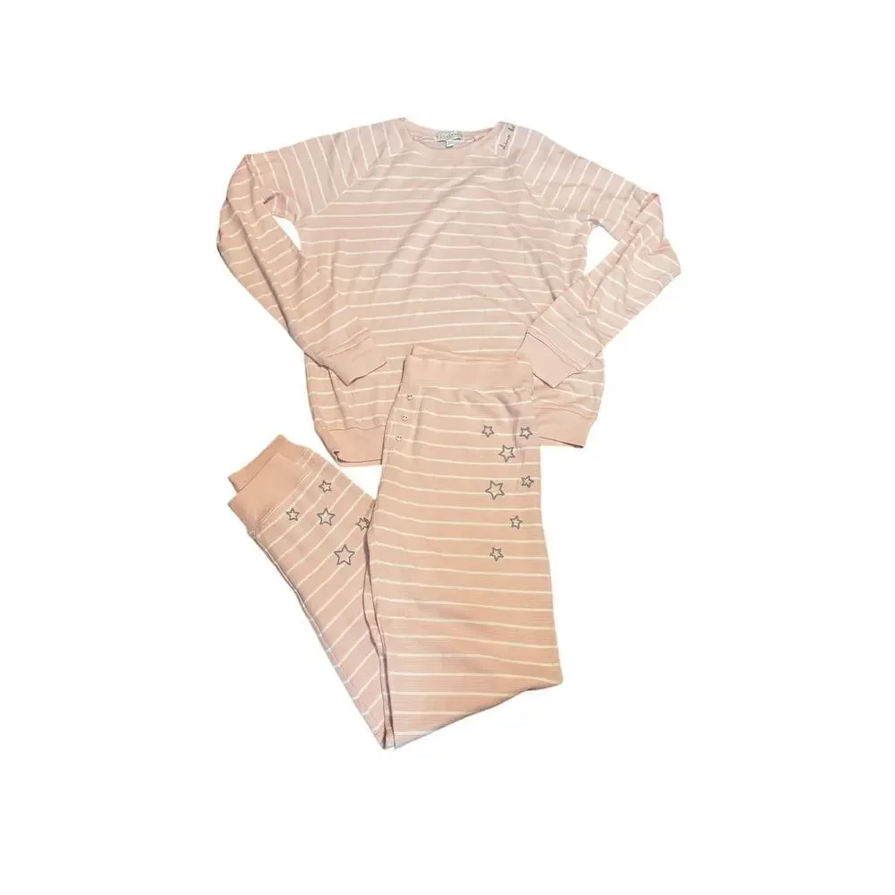 PJ Salvage “Shine Bright” Pink Stripe Waffle-Knit Pajama Set Size Small - Picture 3 of 6